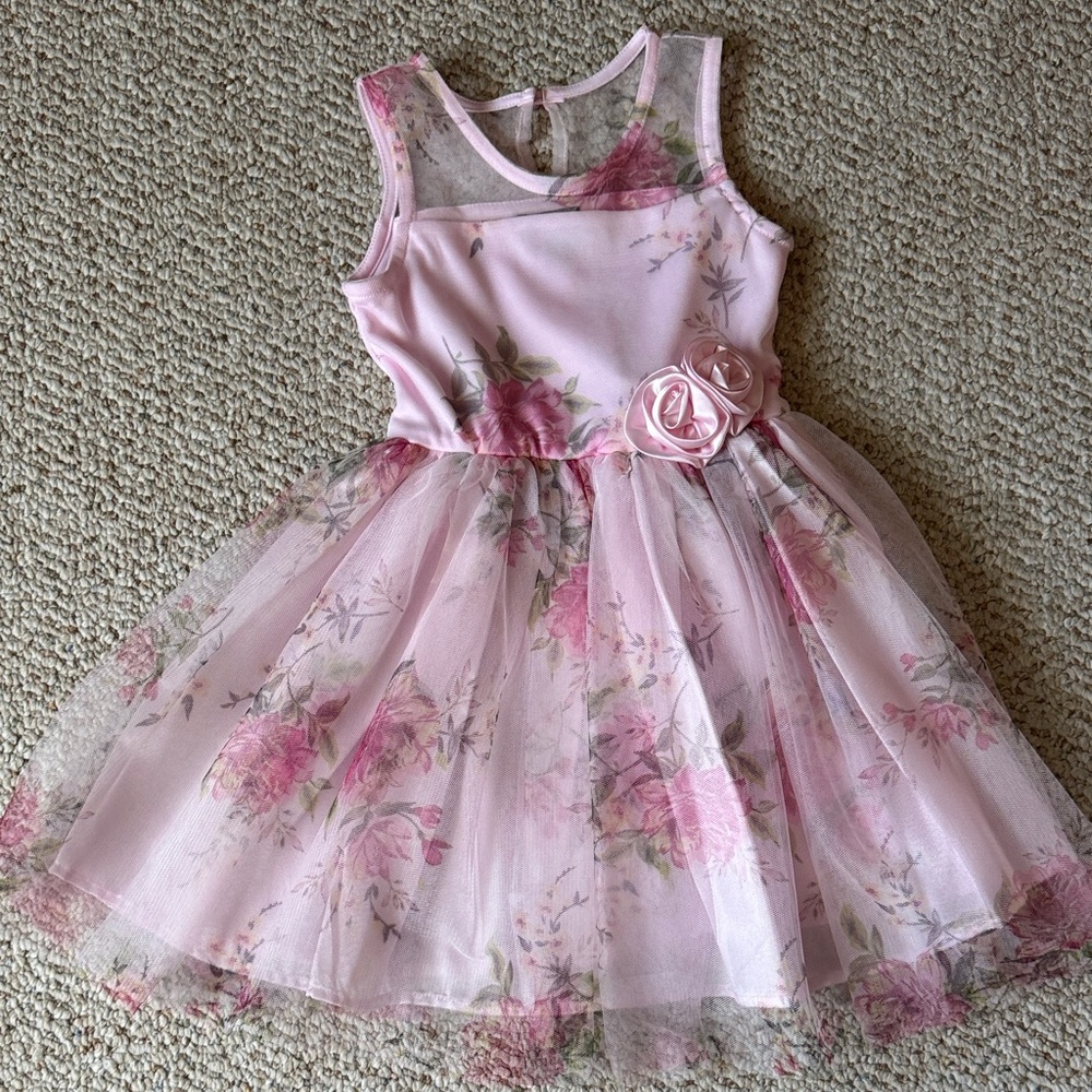 Pink Floral Sleeveless Dress with Tulle Overlay